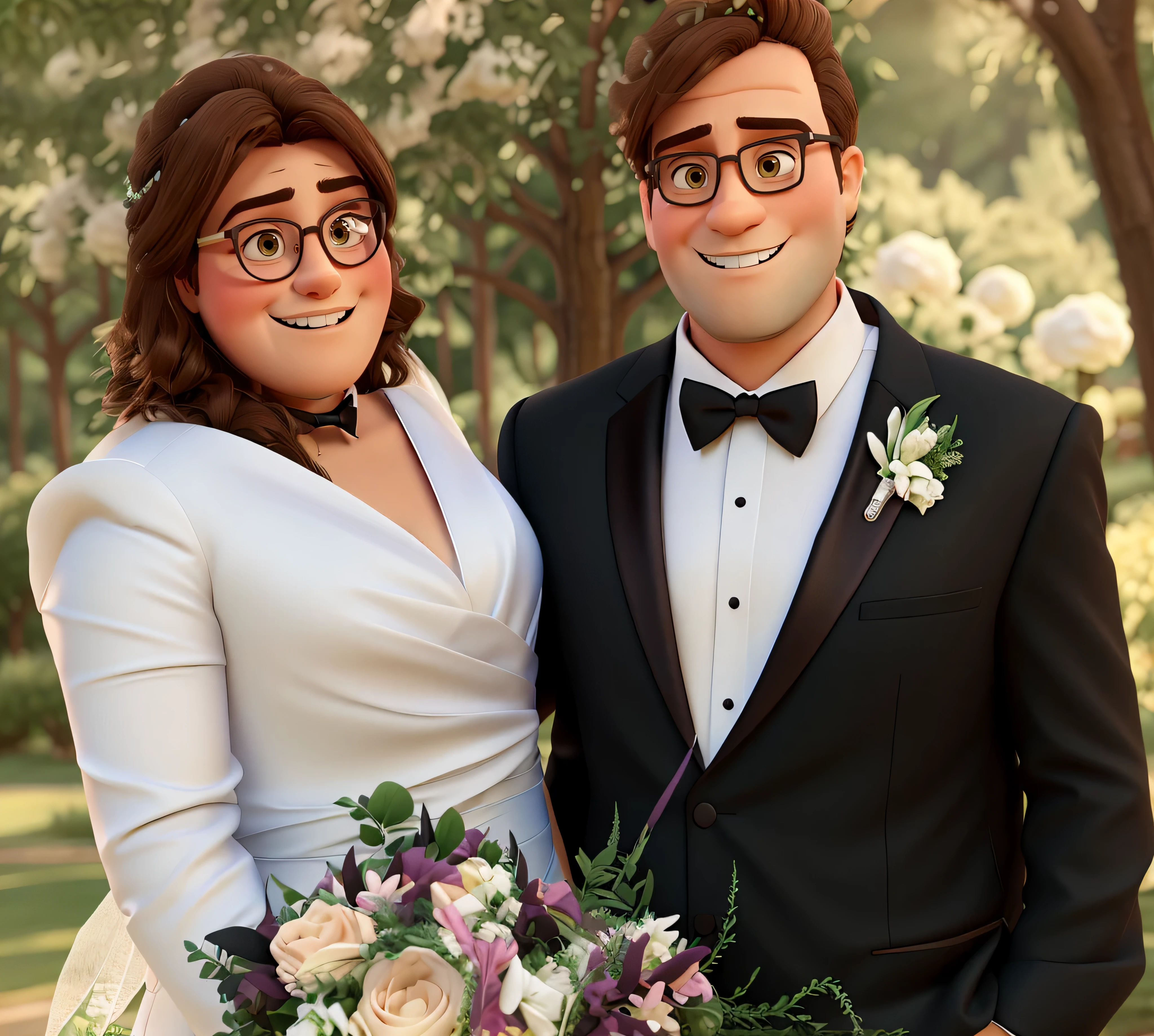 cute wedding couple, bride and groom, cartoon, disney Pixar, maintain faces, HD , 8k standing in front of beautiful forest , bride is slightly chunky, bride wearing v neck wedding dress , wedding dress is v-neck, bride has extra long black hair, bride has nothing in hair , bride wearing round pink glasses , bride holding flower bouquet , groom is slightly chunky, groom has light brown hair, groom wearing browline glasses , groom wearing black tuxedo with bow tie