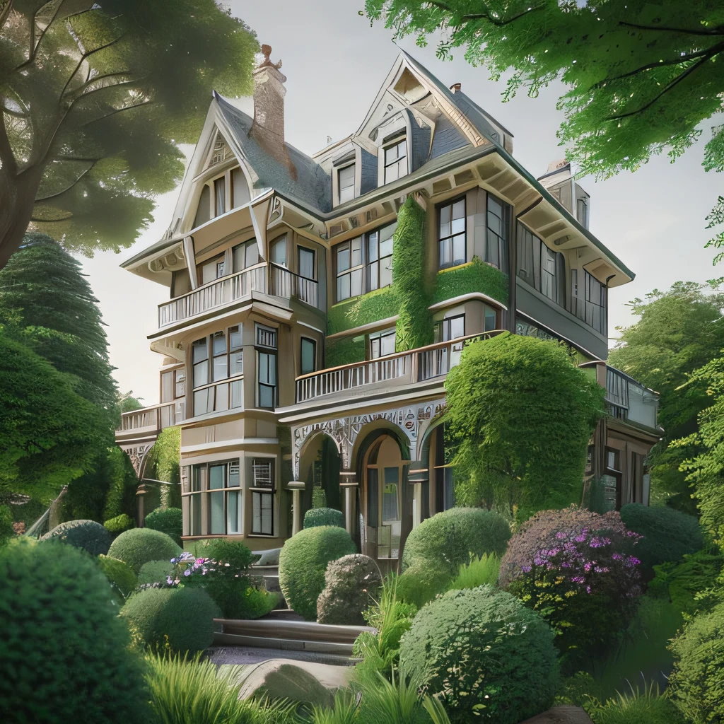 Architecture illustration of Victorian designer house, landscape, bushes, trees, architecture detail, photorealistic, v-ray tracing, ultra detailed, octane render