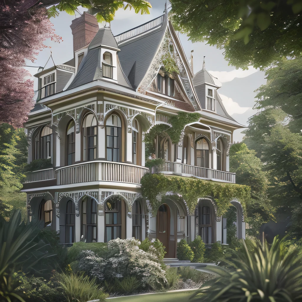 Architecture illustration of Victorian designer house, landscape, bushes, trees, architecture detail, photorealistic, v-ray tracing, ultra detailed, octane render