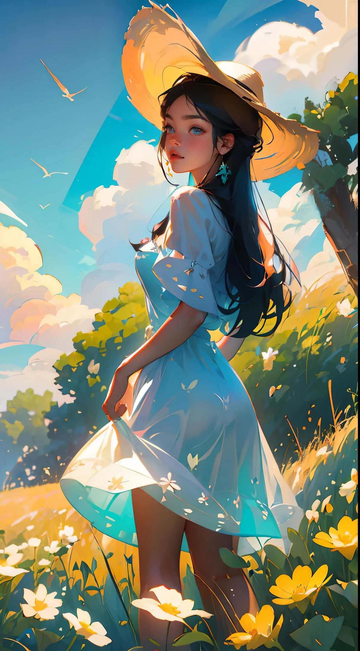 Um girl, despida, peasant with straw hat stands in a wheat field, grandes nuvens, blue skies, campo de arroz, mudas de arroz puro no campo, floresta, encosta, isolado, campo, detalhe HD, hiperdetalhe, cinemactic, surrealismo, luz suave, foco de campo profundo bokeh, ray tracing e surrealismo. --v6