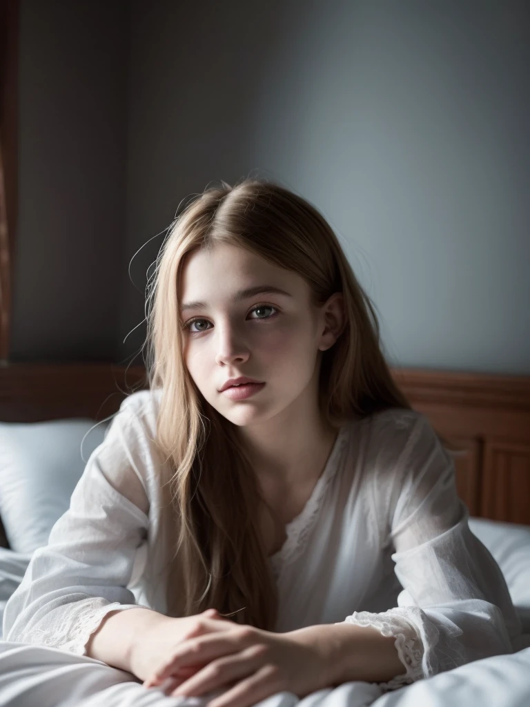 Portrait of an 18 year old cute beautiful perfect face petit teen, she is happy, very beautiful Russian, raw, in bed, (dark private study, dark and moody light: 1.2)