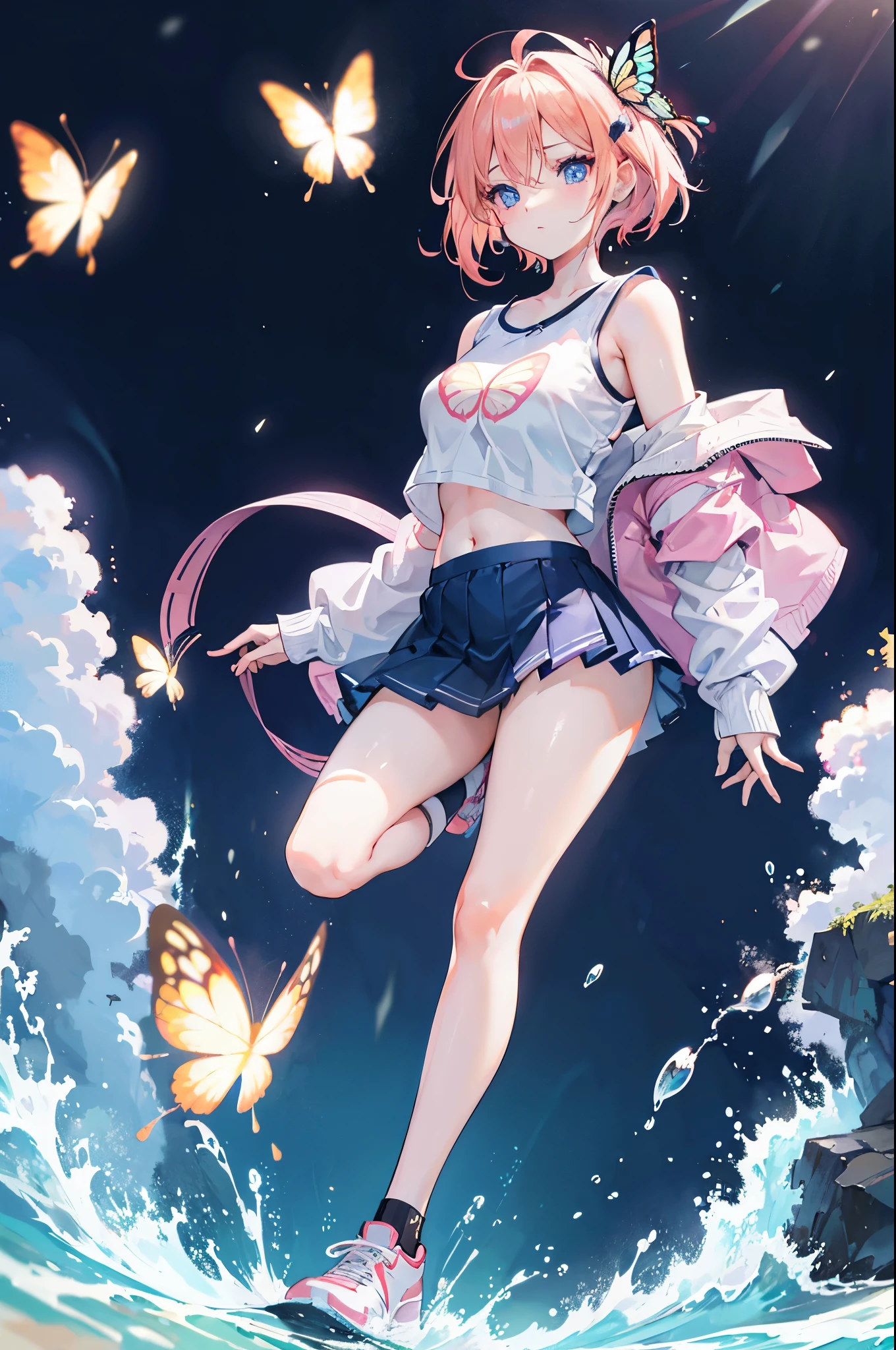 Detailed image, realistic image, 1 girl, short salmon colored hair, combed with two butterfly shaped accessories on both sides of her hair, blue eyes with long eyelashes, cute oval face, small breasts, curvy body. she is wearing an off-shoulder shirt, pleated mini skirt, stockings to mid-thigh, sneakers. Full body view, black background, uniform background, ambient light, volumetric light,