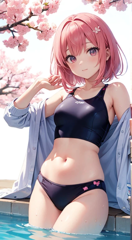 masutepiece, The upper part of the body, 1girl in, Solo,, Pink tones, Manga style, pink cherry blossoms nearby,14years, Pink hair、swim wears, The navel is visible、(White background), Looking at the viewer, side front pose