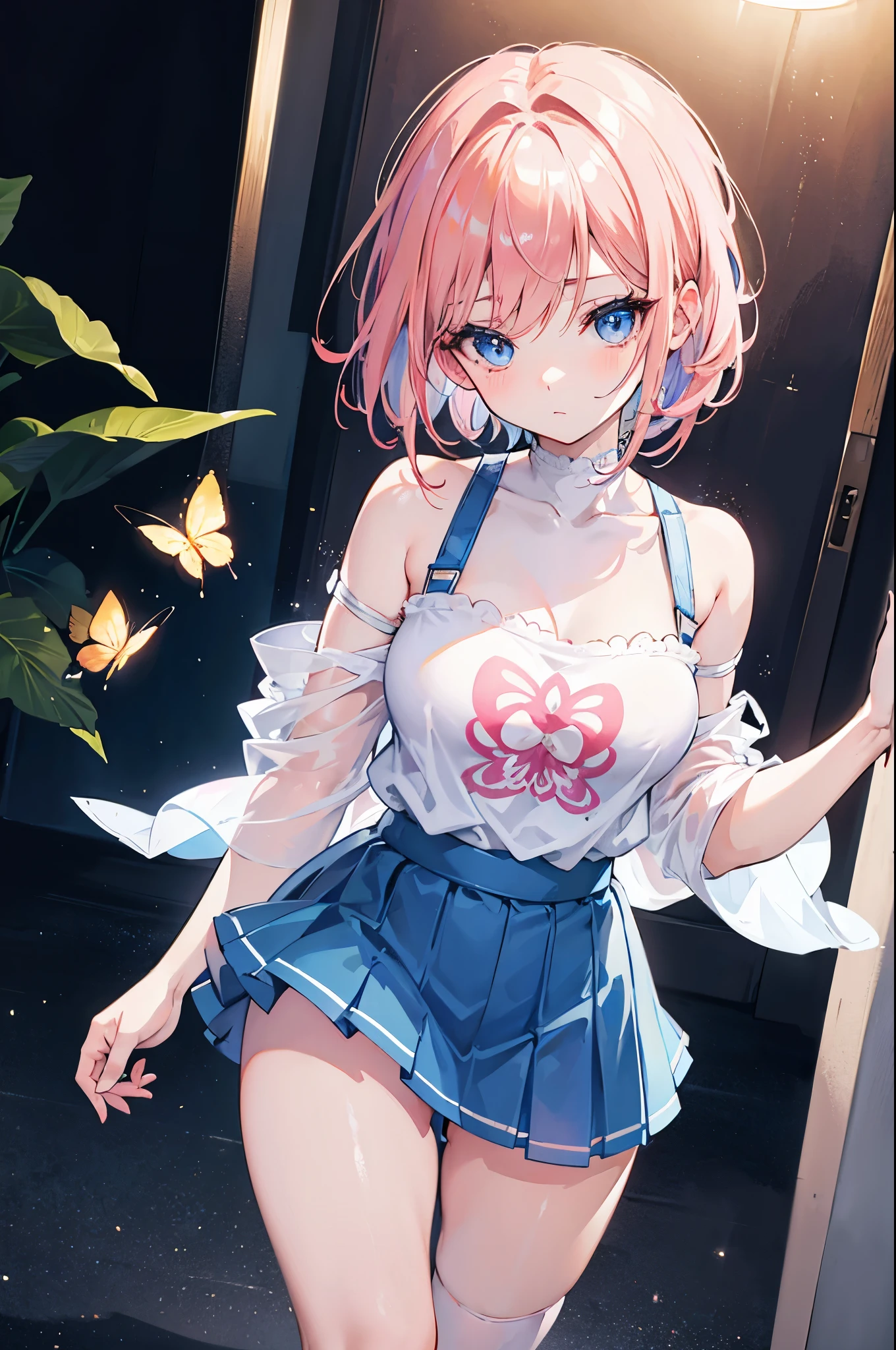 Detailed image, realistic image, 1 girl, short salmon colored hair, combed with two butterfly shaped accessories on both sides of her hair, blue eyes with long eyelashes, cute oval face, small breasts, curvy body. she is wearing an off-shoulder shirt, pleated mini skirt, stockings to mid-thigh, sneakers. Full body view, black background, uniform background, ambient light, volumetric light,