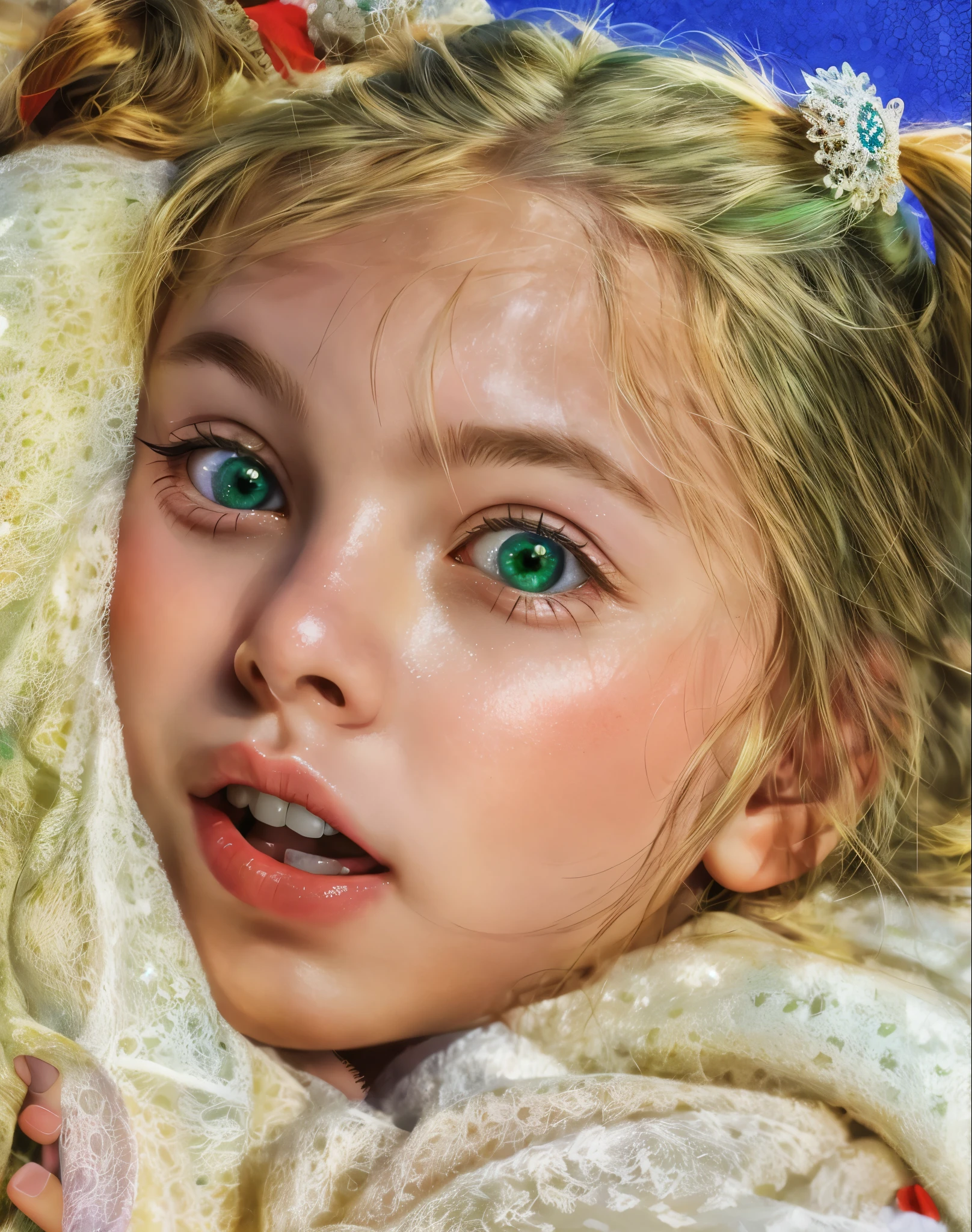 scared beautiful blonde girl with green eyes, 4k, realistic, rim light