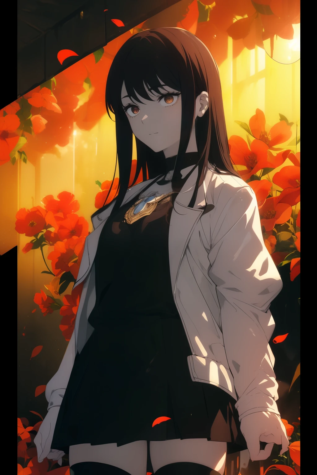 ((((Obra maestra, La mejor calidad, ultrahigh resolution)))), 1girl, standing, ((wearing a miniskirt and cool jacket, tights)), (long black hair in view, in frame), pale skin, ((brown eyes)), (glowing_eyes, luminescent eyes), (ultra detailed eyes:0.7, beautiful and detailed face, detailed eyes:0.9), ((centered)), smile, ((wide shot)), (((vibrant background of outside, flowers, bright lighting, summer, sunlight))), flat chested, looking at viewer, ((perfect hands)), ((head:1, hips, elbows, arms, in view)), ((hands behind back)), beautiful lighting, defined subject, (18 years old), ((cool looking)), ((sun glare))