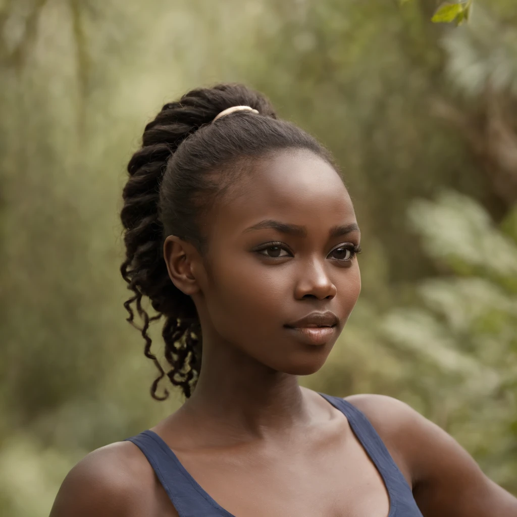 ((Dark African skin, Very deep ebony skin)), ((Its beauty is undeniable)), ((Excited cute face)), ((Hyper detailed perfect eyeploring pose)), ((Language output)), ((forest)), ((navy blue shirt, beige chino)), ((Afro ponytail with long African curly hair)), ((full body)), ((skin)), ((waling, side view)), ((touching her face in a sexy pose)), ((forest, walking, wildlife in background, kenya)), Sharp Focus CGI, photoreallistic, High detail, Realistic, Masterpiece, absurd, Best quality, Hdr, High quality, high-definition, Extremely detailed, 8k wallpaper, Intricate details, 8K UHD, Full-HD, (photo realist:1.2), contrast, intense illumination, lighting cinematic, natural lighting, veilleuse, Nuit, Illumination globale, Nairobi, Kenya, a la piscine African women、Female sexy、serious face,