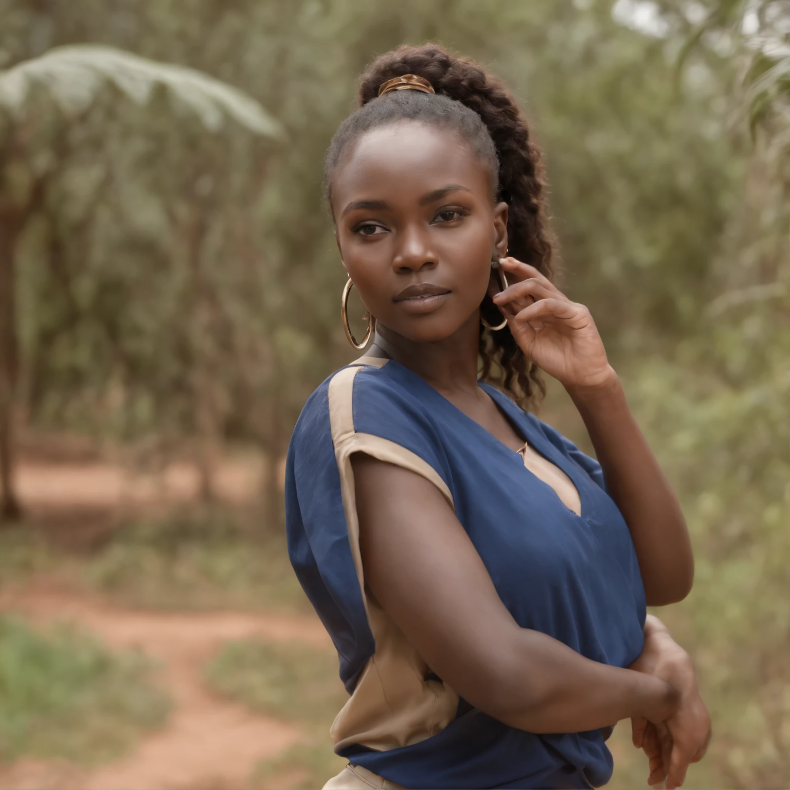((Dark African skin, Very deep ebony skin)), ((Its beauty is undeniable)), ((Excited cute face)), ((Hyper detailed perfect eyes)), ((exploring pose)), ((Language output)), ((forest)), ((navy blue shirt, beige chino)), ((Afro ponytail with long African curly hair)), ((full body)), ((skin)), ((waling, side view)), ((touching her face in a sexy pose)), ((forest, walking, wildlife in background, kenya)), Sharp Focus CGI, photoreallistic, High detail, Realistic, Masterpiece, absurd, Best quality, Hdr, High quality, high-definition, Extremely detailed, 8k wallpaper, Intricate details, 8K UHD, Full-HD, (photo realist:1.2), contrast, intense illumination, lighting cinematic, natural lighting, veilleuse, Nuit, Illumination globale, Nairobi, Kenya, a la piscine African women、Female sexy、serious face,