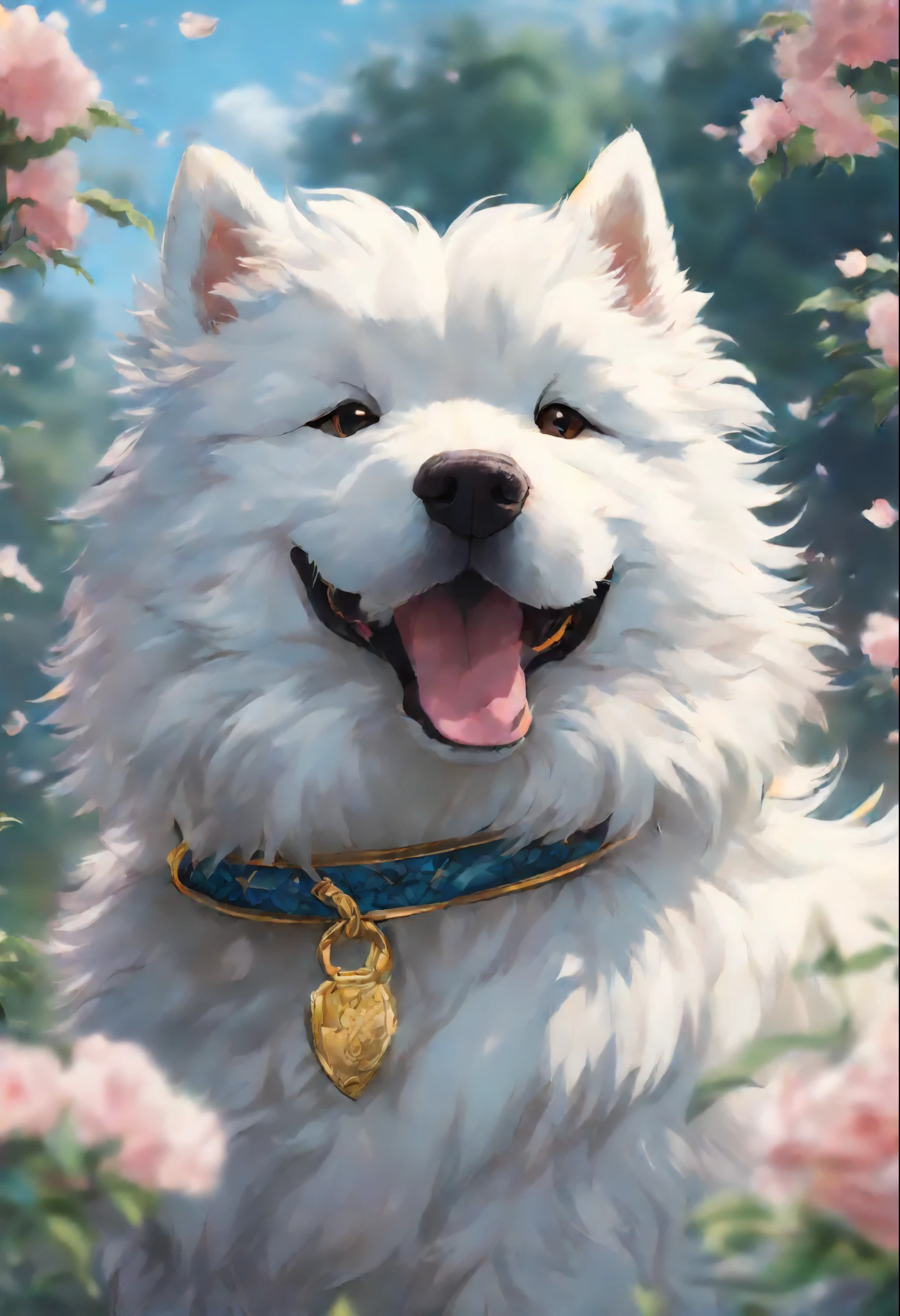 Close-up of a Samoyed dog, Color (white fluffy) runs a race with the clouds, собака породы самоед runs a race with the clouds, fluffy clouds, casimir art, illustration of shigenori soejima, boris valejo. Smiling Samoyed, Detailed drawing of an anime character, подробный anime key figure, Granblue Fantasy, Beautiful black Russian terrier in the art of demon slayer, Taisho Roman, A clear portrait of an RPG, Masamune Shiro, anime key figure