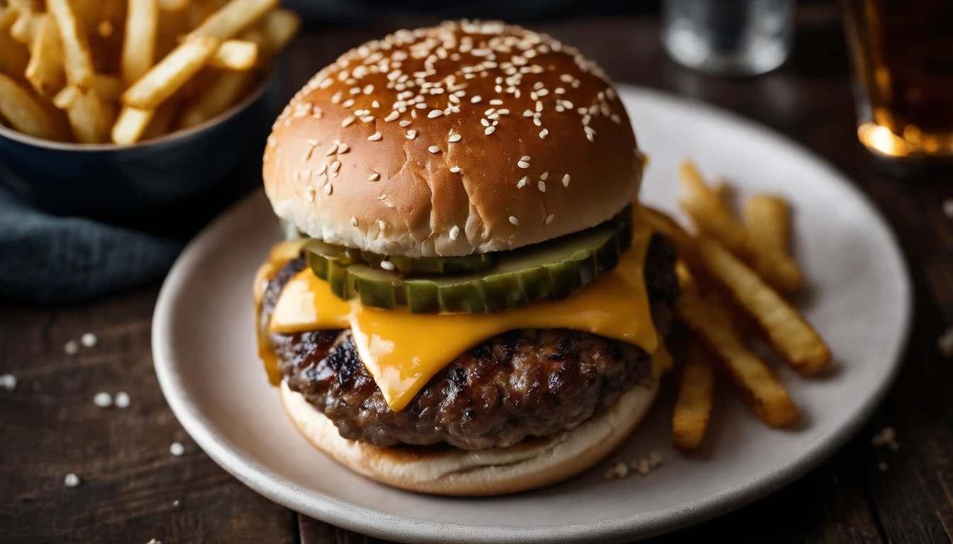 a top-down shot of a cheeseburger on a rustic wooden table, with sesame seeds sprinkled on the bun and a side of crispy golden fries, creating a classic American diner aesthetic