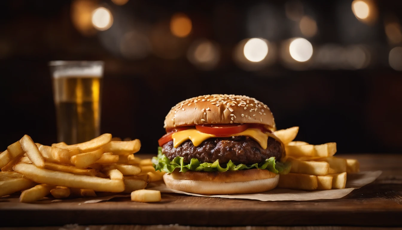 a top-down shot of a cheeseburger on a rustic wooden table, with sesame seeds sprinkled on the bun and a side of crispy golden fries, creating a classic American diner aesthetic