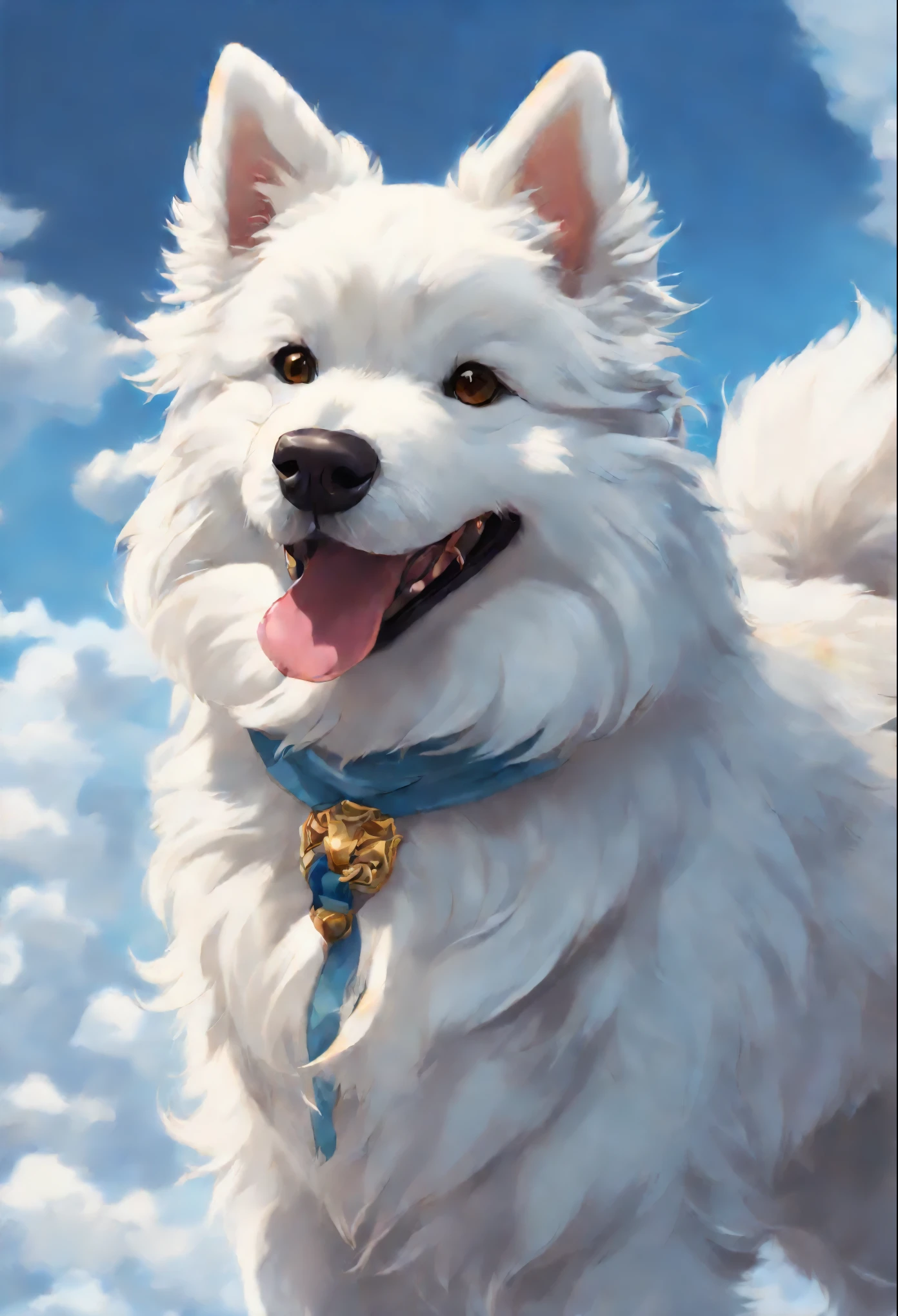 Close-up of a Samoyed dog,  Color (white fluffy) runs a race with the clouds, собака породы  самоед runs a race with the clouds, fluffy clouds, casimir art, illustration of shigenori soejima, boris valejo. Smiling Samoyed, Detailed drawing of an anime character, подробный anime key figure, Granblue Fantasy, Beautiful black Russian terrier in the art of demon slayer, Taisho Roman, A clear portrait of an RPG, Masamune Shiro, anime key figure