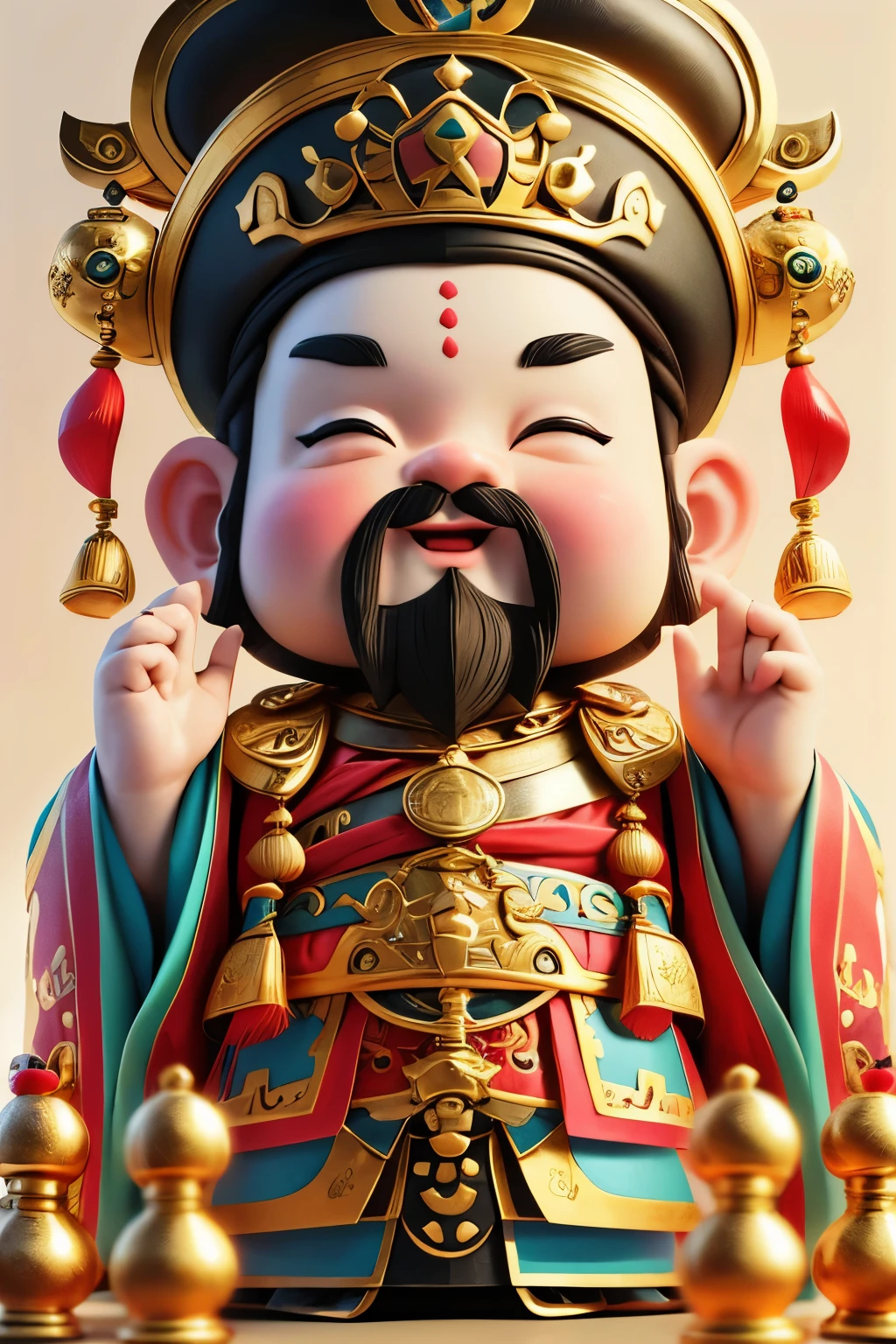 dafengcaishen,solo,blush,smile,open mouth, background,black hair,1boy,white background,holding,Smiling eyes,male focuacial hair,chinese clothes,crown,gem,facing viewer,beard,mustache