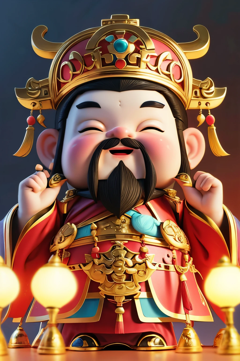 dafengcaishen,solo,blush,smile,open mouth, background,black hair,1boy,white background,holding,Smiling eyes,male focuacial hair,chinese clothes,crown,gem,facing viewer,beard,mustache