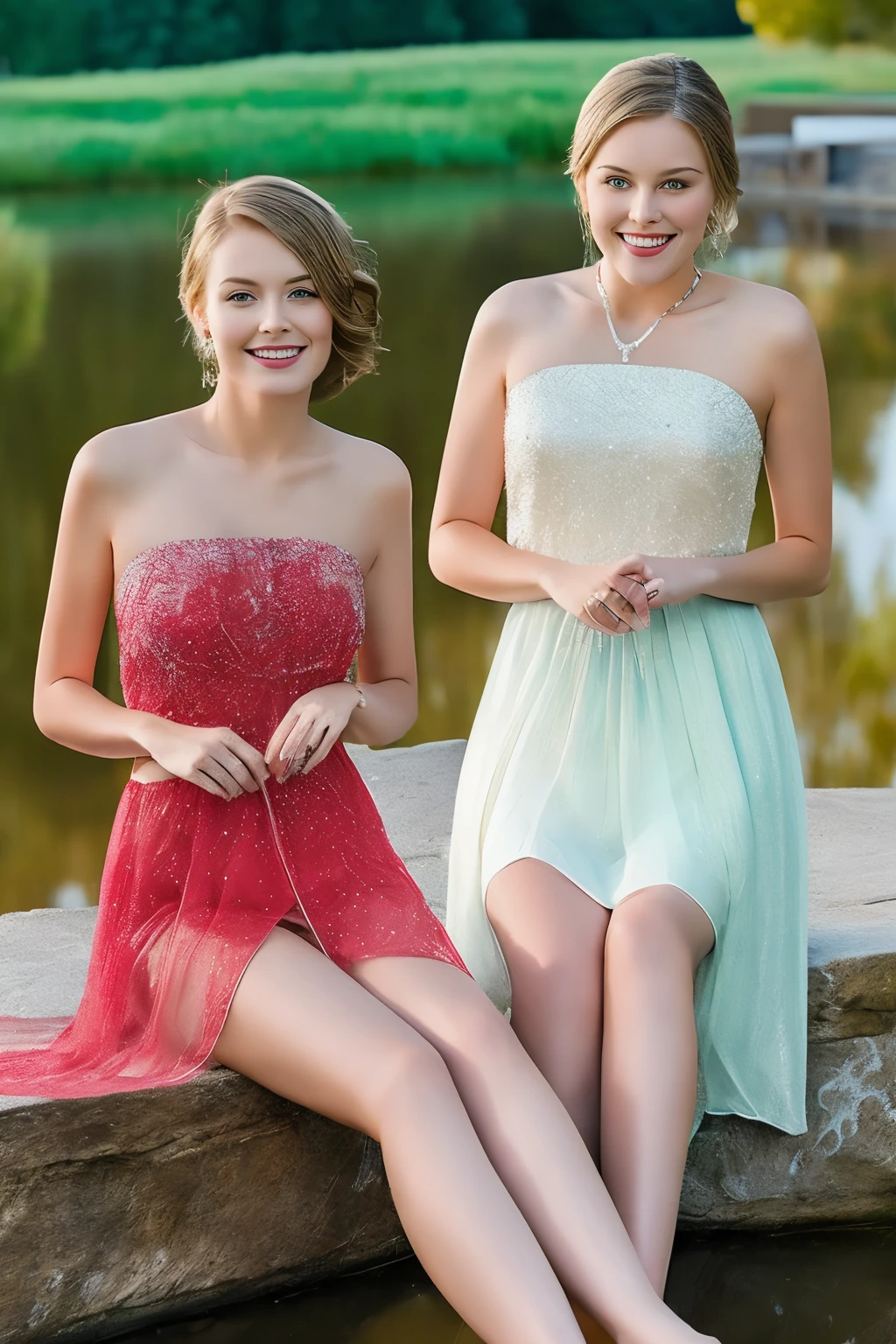 ((Ultra Long Exposure Photography)) high quality, highly detailed, a stunningly photorealistic closeup portrait of two beautiful animated women, intricate detailed eyes,open shoulders,skirtlift,where two mysterious women sits by the edge of a pond, capturing a romantic atmosphere under the starry sky.