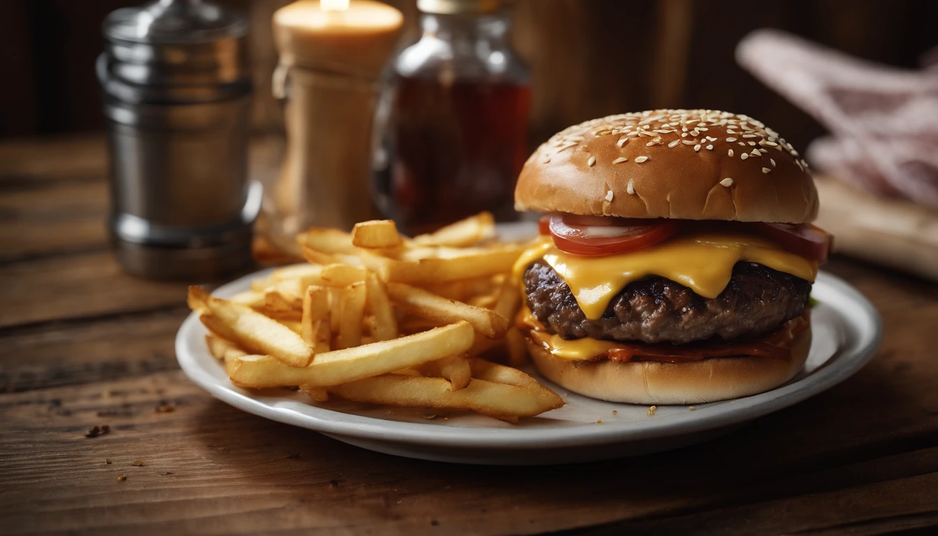a top-down shot of a cheeseburger on a rustic wooden table, with sesame seeds sprinkled on the bun and a side of crispy golden fries, creating a classic American diner aesthetic
