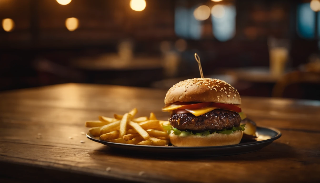 a top-down shot of a cheeseburger on a rustic wooden table, with sesame seeds sprinkled on the bun and a side of crispy golden fries, creating a classic American diner aesthetic