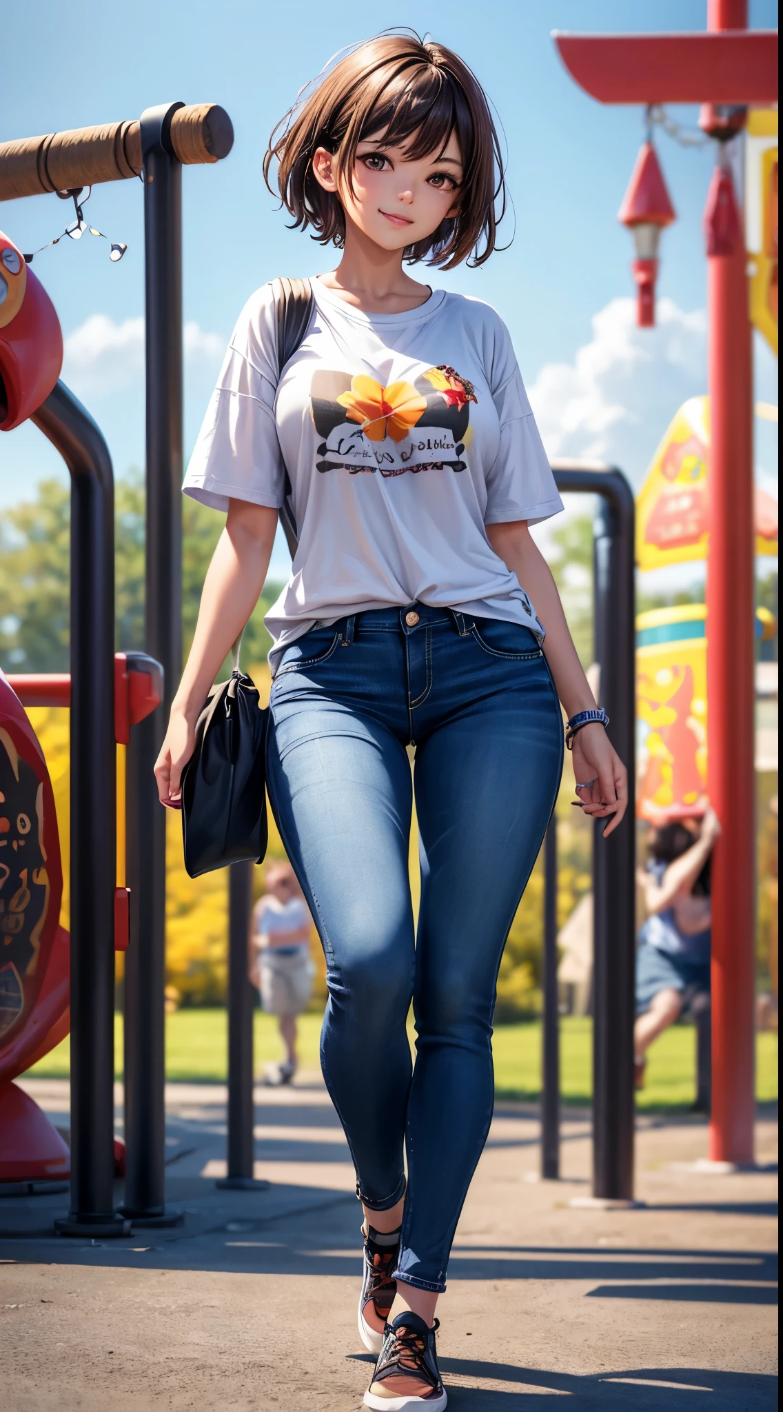 beautiful woman, young mommy, short brown hair, brown eyes, wholesome, caring, protective, delightful, expressive eyes, smiling, happy, confident, attractive, t-shirt, jeans, at the park, playground, children playing in background, sunny day, close-up camera, 3d digital art, amazing wallpaper in 16k, 4k, 8k, 16k, 4k upscaling image art, ((full body camera)), ((full body character concept)), ((((amazing masterpiece digital art, hdr, uhd, depth of field, blurry background)))),