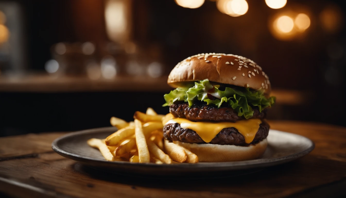 a top-down shot of a cheeseburger on a rustic wooden table, with sesame seeds sprinkled on the bun and a side of crispy golden fries, creating a classic American diner aesthetic