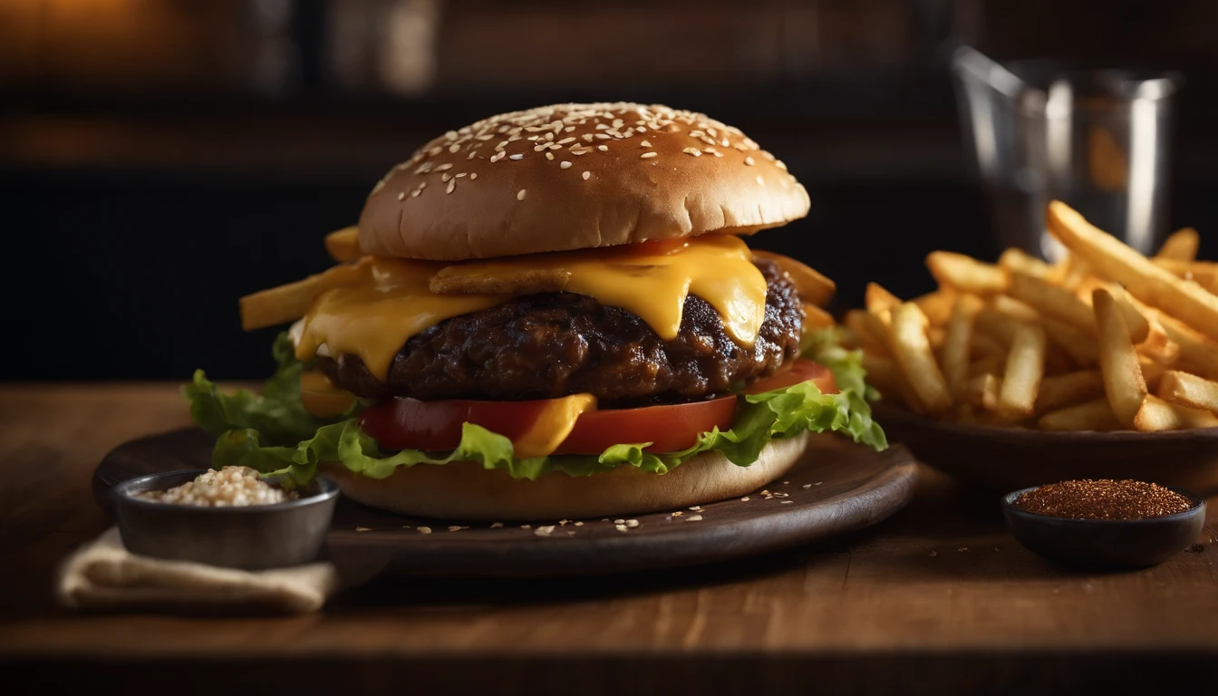 a top-down shot of a cheeseburger on a rustic wooden table, with sesame seeds sprinkled on the bun and a side of crispy golden fries, creating a classic American diner aesthetic