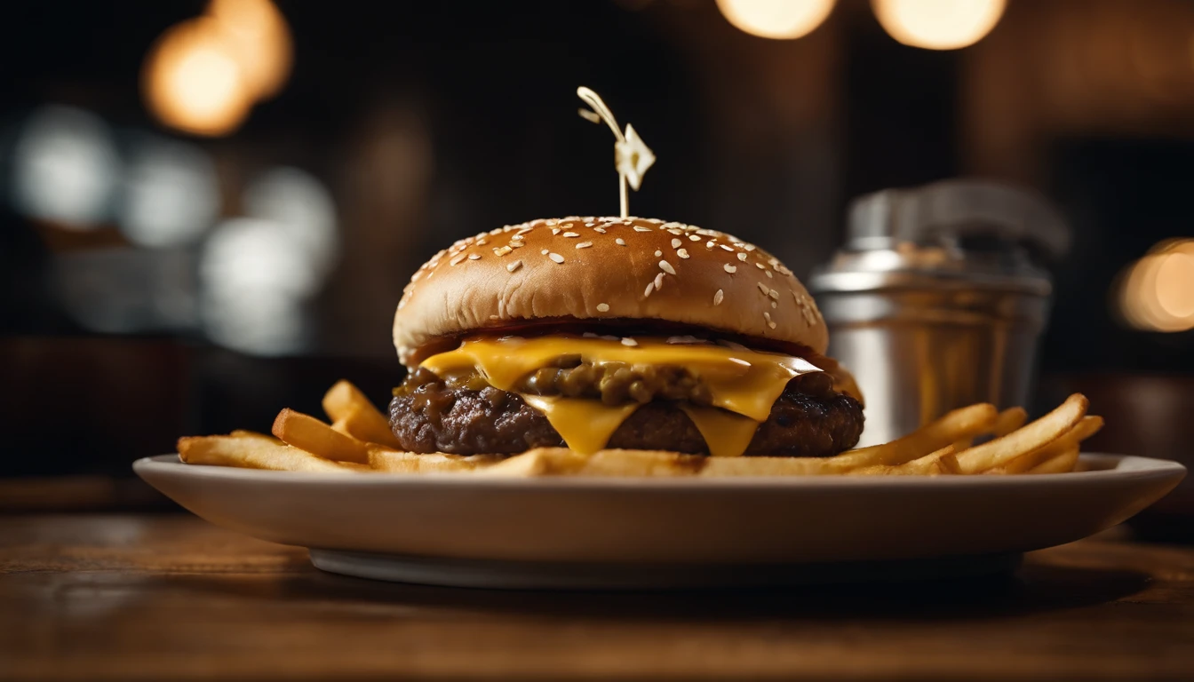 a top-down shot of a cheeseburger on a rustic wooden table, with sesame seeds sprinkled on the bun and a side of crispy golden fries, creating a classic American diner aesthetic