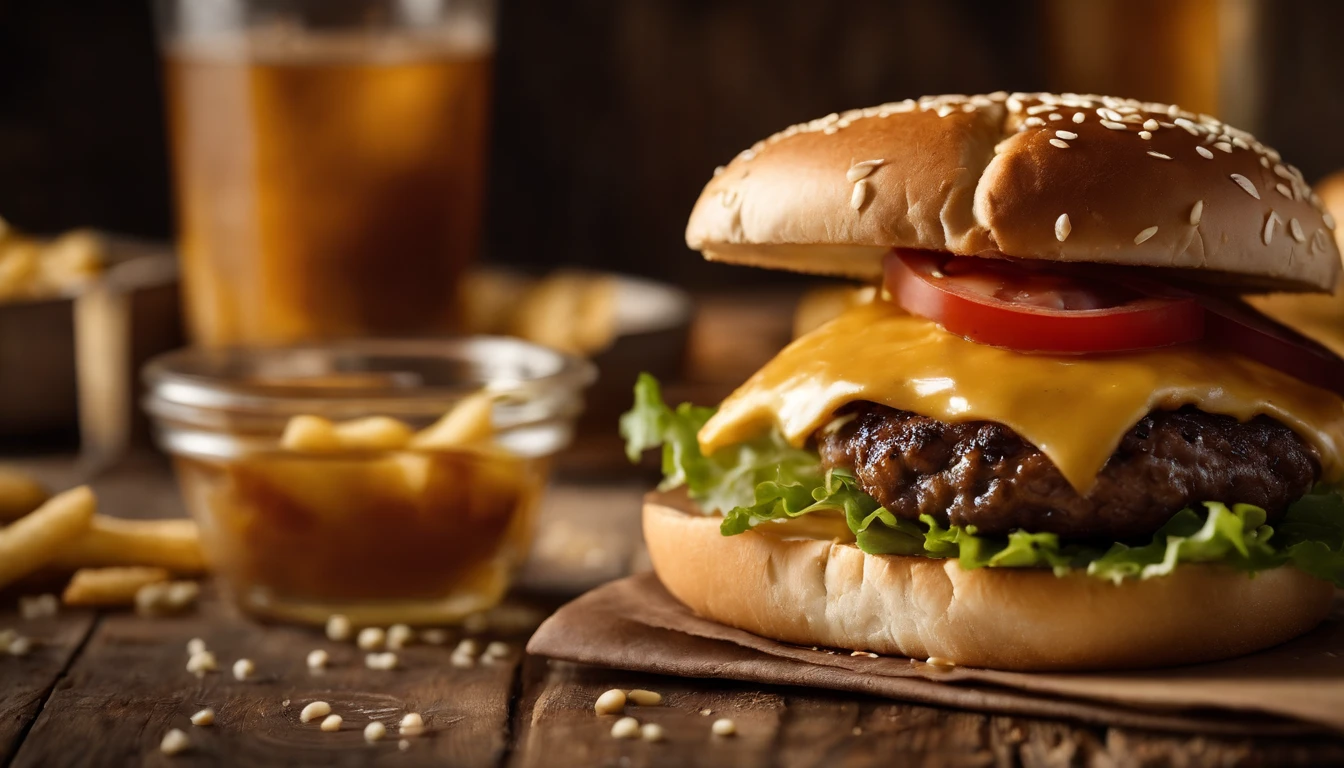 a top-down shot of a cheeseburger on a rustic wooden table, with sesame seeds sprinkled on the bun and a side of crispy golden fries, creating a classic American diner aesthetic