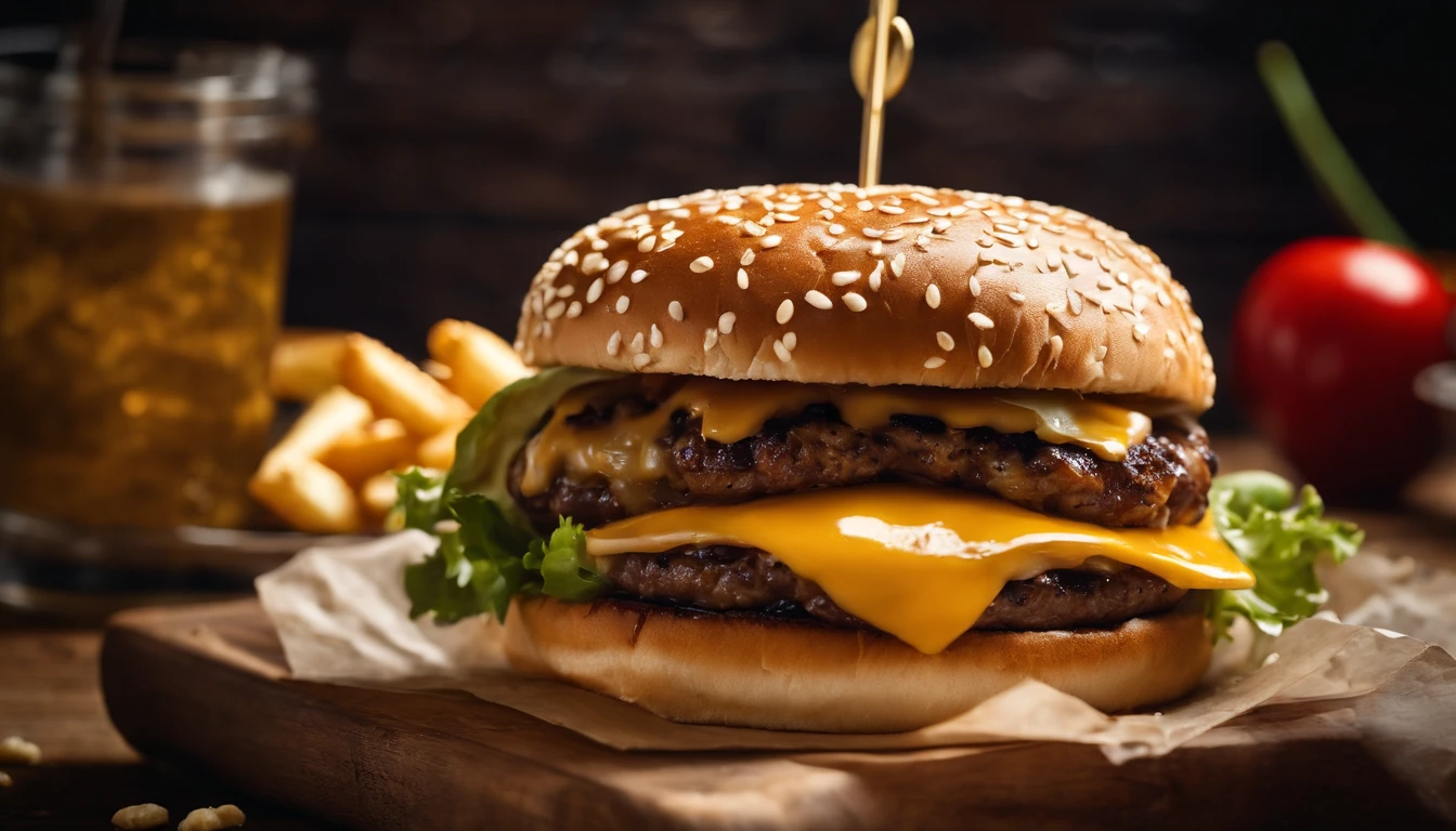 a top-down shot of a cheeseburger on a rustic wooden table, with sesame seeds sprinkled on the bun and a side of crispy golden fries, creating a classic American diner aesthetic
