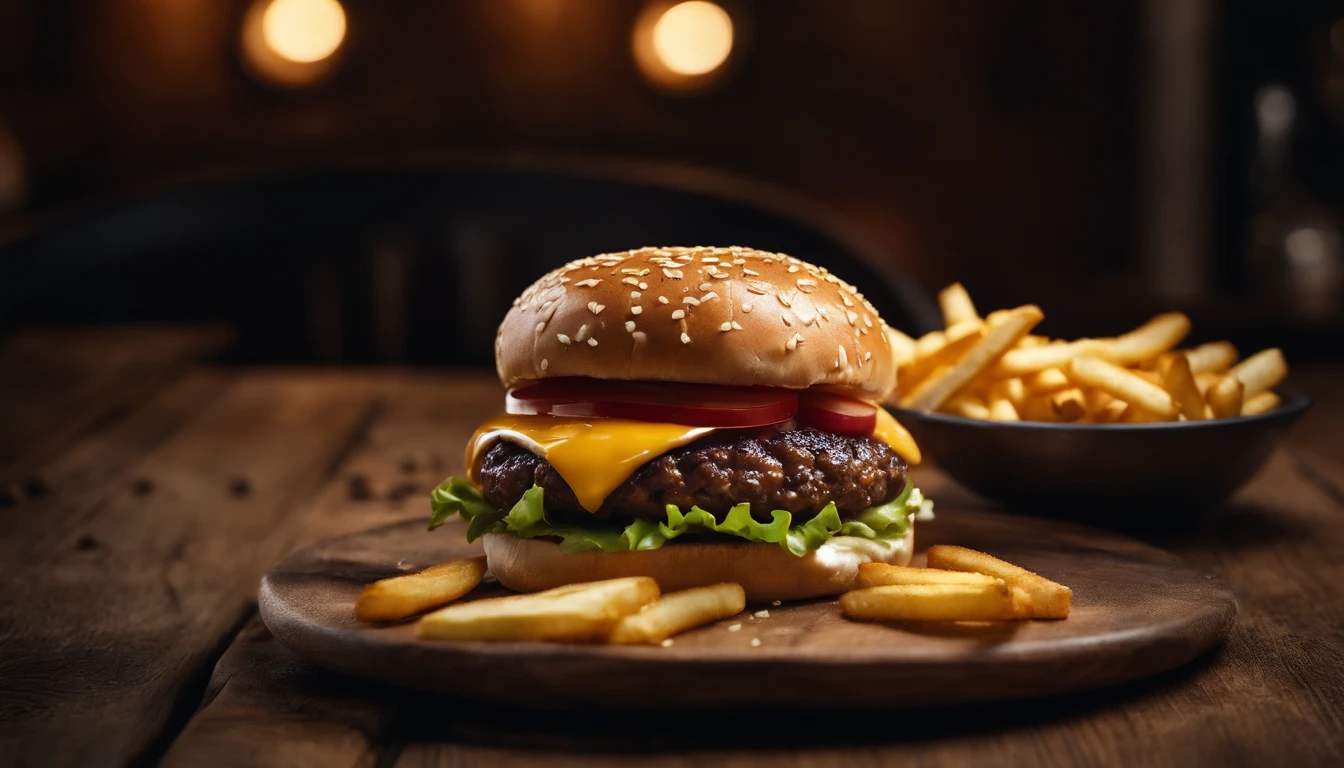 a top-down shot of a cheeseburger on a rustic wooden table, with sesame seeds sprinkled on the bun and a side of crispy golden fries, creating a classic American diner aesthetic