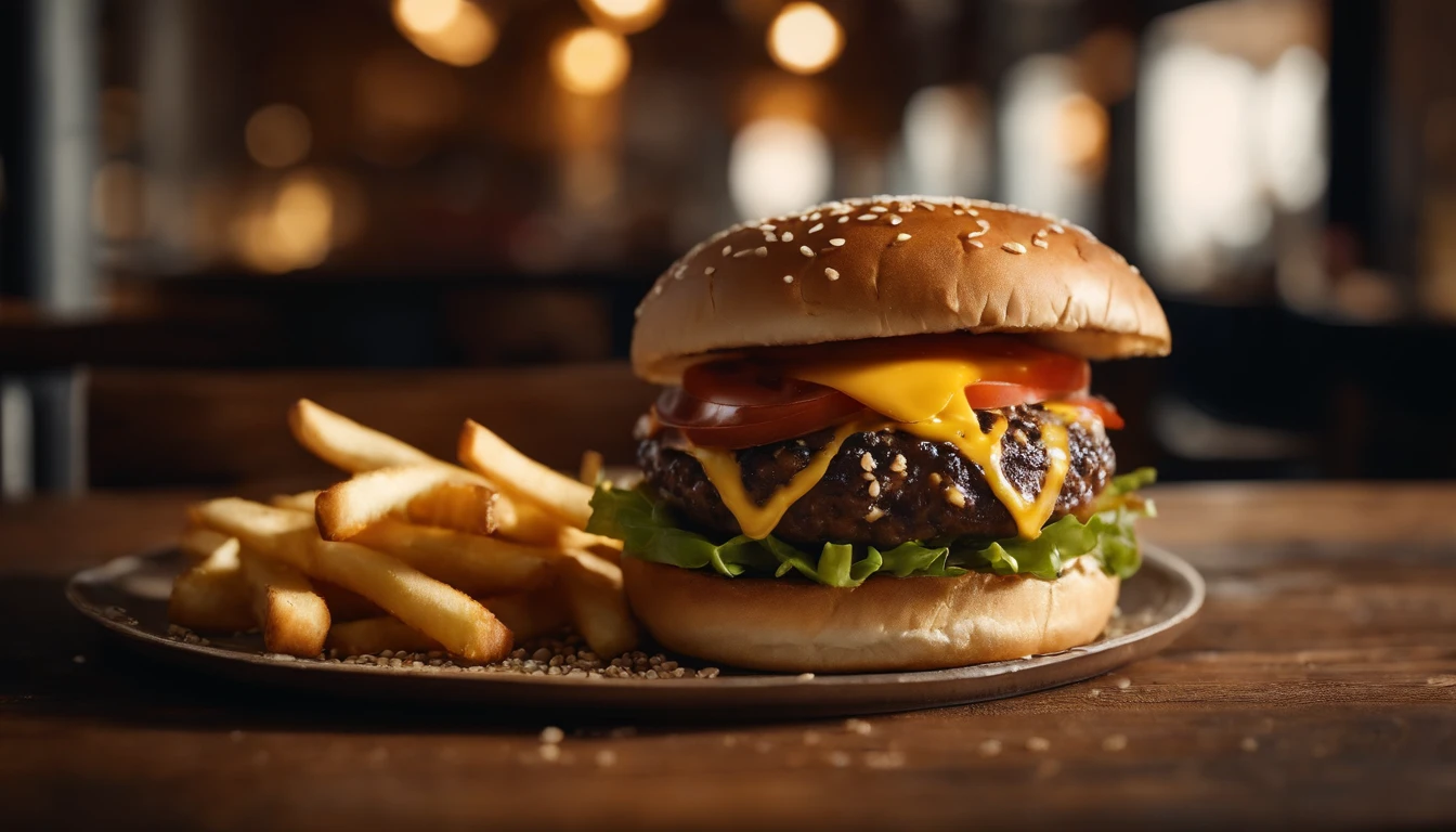 a top-down shot of a cheeseburger on a rustic wooden table, with sesame seeds sprinkled on the bun and a side of crispy golden fries, creating a classic American diner aesthetic