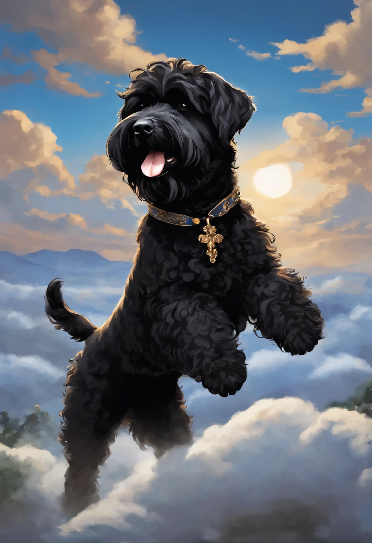 Close-up of black Russian Terrier, Color (black) runs a race with the clouds, Русский черный терьер runs a race with the clouds, fluffy clouds, casimir art, illustration of shigenori soejima, boris valejo. Smiling black Russian terrier, Detailed drawing of an anime character, подробный anime key figure, Granblue Fantasy, Beautiful black Russian Terrier in Demon Slayer Art, Taisho Roman, A clear portrait of an RPG, Masamune Shiro, anime key figure