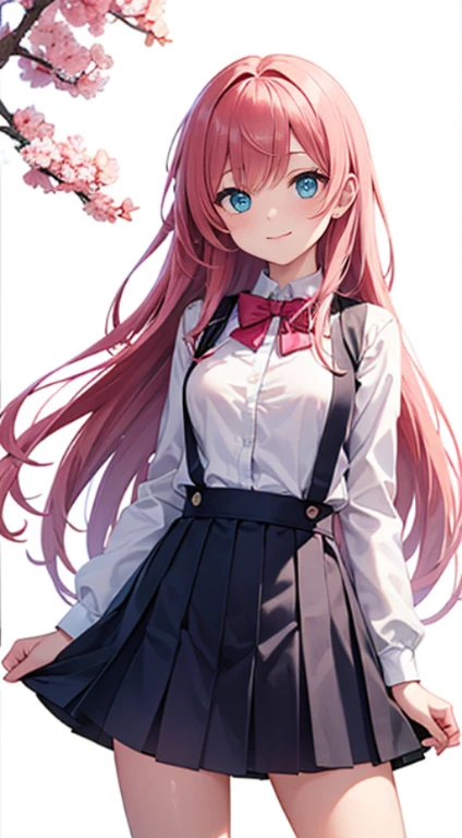 masutepiece, The upper part of the body, 1girl in, Solo,, Pink tones, Manga style, pink cherry blossoms nearby,14years, Pink hair, blue suspender skirt uniform, White shirt, blue neck bow tie, (White background), Looking at the viewer, side front pose