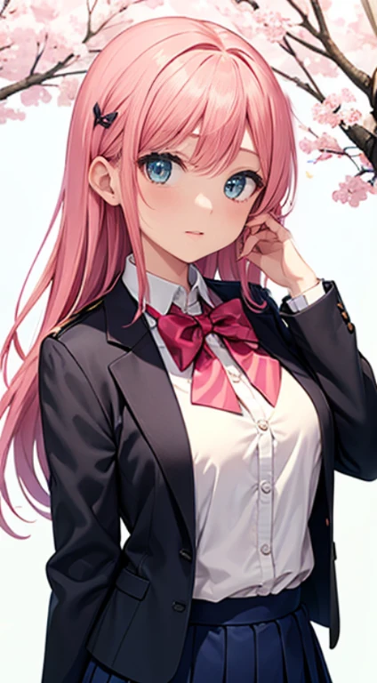 masutepiece, The upper part of the body, 1girl in, Solo,, Pink tones, Manga style, pink cherry blossoms nearby,14years, Pink hair, blue suspender skirt uniform, White shirt, blue neck bow tie, (White background), Looking at the viewer, side front pose