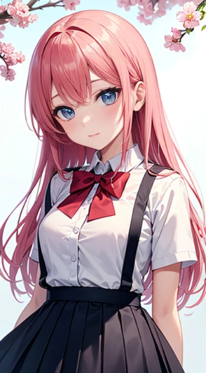 masutepiece, The upper part of the body, 1girl in, Solo,, Pink tones, Manga style, pink cherry blossoms nearby,14years, Pink hair, blue suspender skirt uniform, White shirt, blue neck bow tie, (White background), Looking at the viewer, side front pose