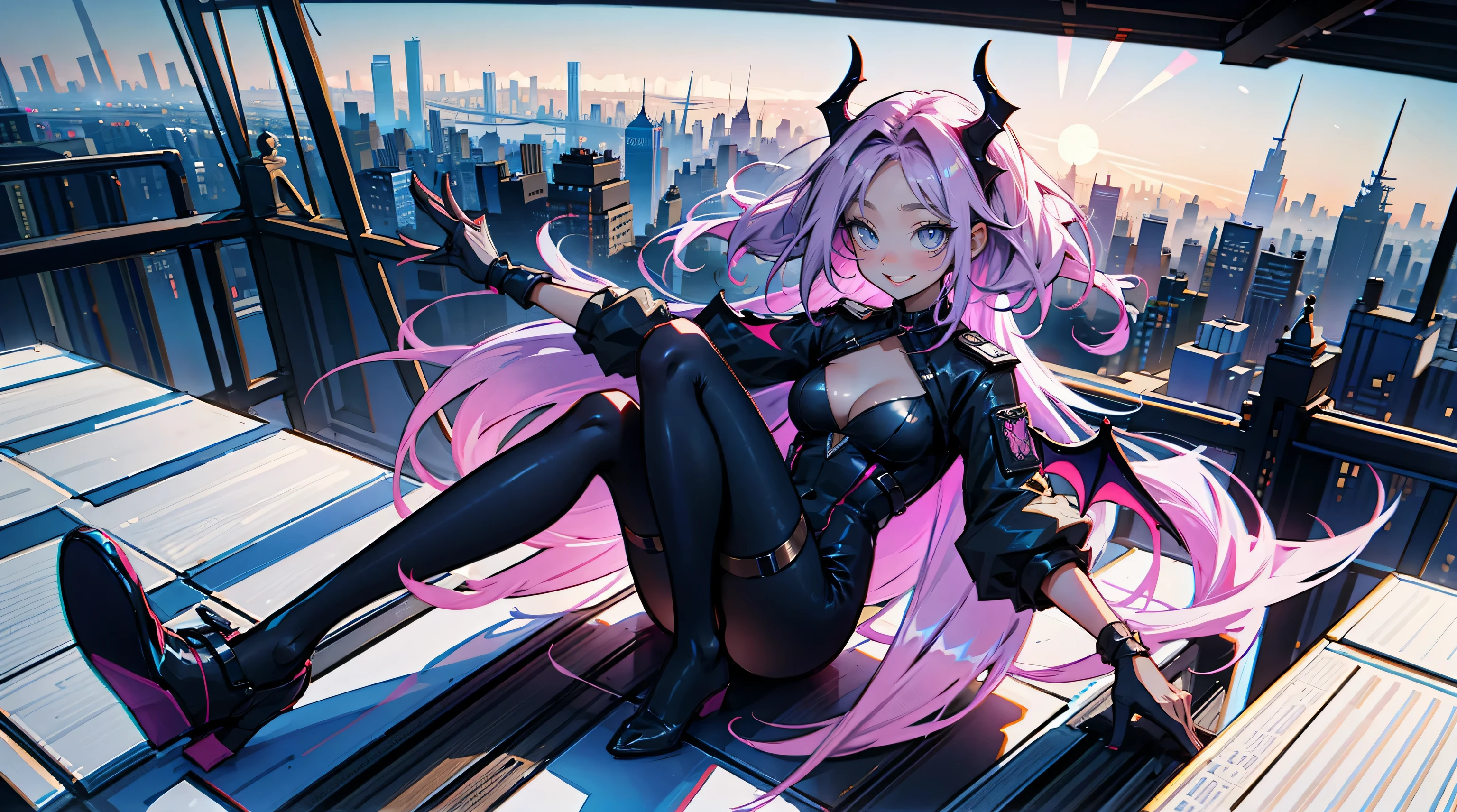 laughing heartily, gradient eyes, full body, (The girl protagonist overlooking the demonic city from above:1.2), (Manhattan city:1.2), nsfw