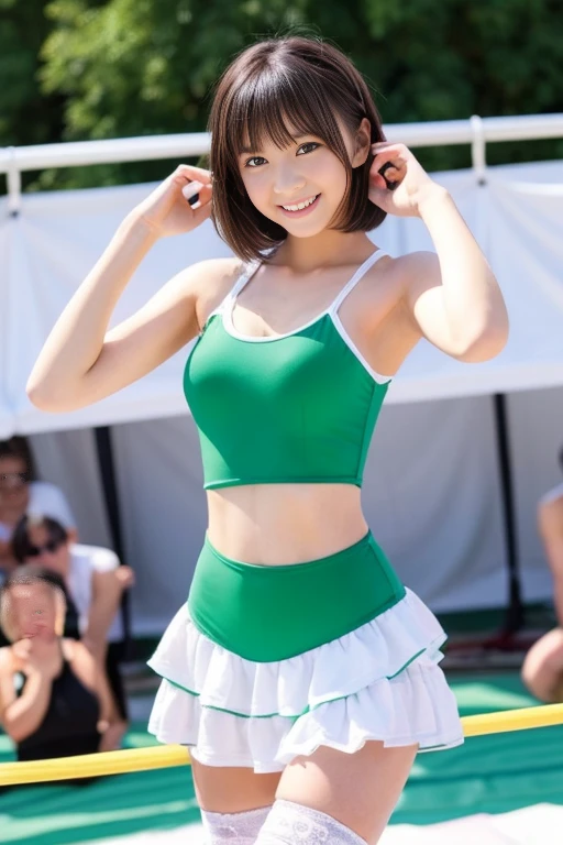 A pretty girl with perfect figure,(Lori,ars,150cm), (Lori,White and green one-piece swimsuit with ruffles,), Very small breasts,straight super short hair,bangss,standing in an outdoor wrestling ring,extremely detailed face and skin, Detailed eyes,knee high socks,Lace gloves,Grinning smile, Slim body, Slender girl, Slim thighs,small  hip,Pose with hands on hips