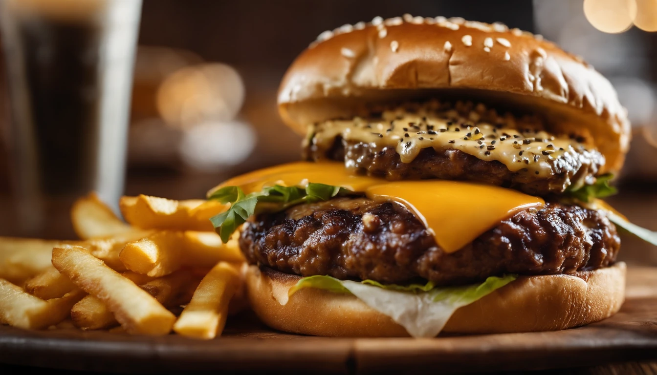 a top-down shot of a cheeseburger on a rustic wooden table, with sesame seeds sprinkled on the bun and a side of crispy golden fries, creating a classic American diner aesthetic