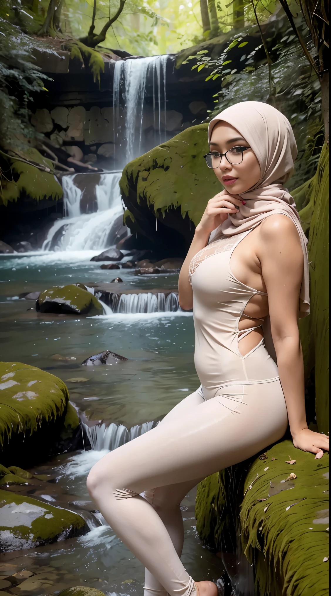 naughty, (iu:0.8),cleavage, RAW, Best quality, high resolution, Masterpiece: 1.3, Beautiful glasses pearl_skinned sexy hijabi malaysian wearing light nude lace singlet and very tight nude legging, nice pose. naughty pose. hold phone, evening view. forest mossy. waterfall view. water splash. sea view. Masterpiece, Soft smile. 8k hd photo