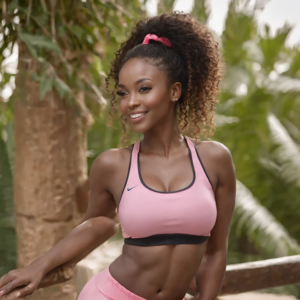 ((Dark African skin, Very deep ebony skin)), ((Its beauty undeniable)), ((Excited cute face)), ((Hyper detailed perfect eyes,)), ((pose mignonne)), ((Langue sortie)), ((Seductive )), sexy, (( Tight pink sport top, shorts sexy)), ((Afro ponytail with long African curly hair,)), (( peau)), ((debout, vue de face)), ((toucher ses propres jambes dans une pose sexy)), ((dehors, Ville publique)), Sharp Focus CGI, photoreallistic, High detail, Realstic, Masterpiece, absurdes, Best quality, Hdr, High quality, high-definition, Extremely detailed, 8k wallpaper, Intricate details, 8K UHD, Full-HD, (photo realist:1.2), contraste, intense illumination, lighting cinematic, natural lighting, veilleuse, Nuit, Illumination globale, Ambient occlusion at jungle safari, a la piscine African women、Female sexy、a smile、safari hat, traveling, Serengeti, wild life, jungle