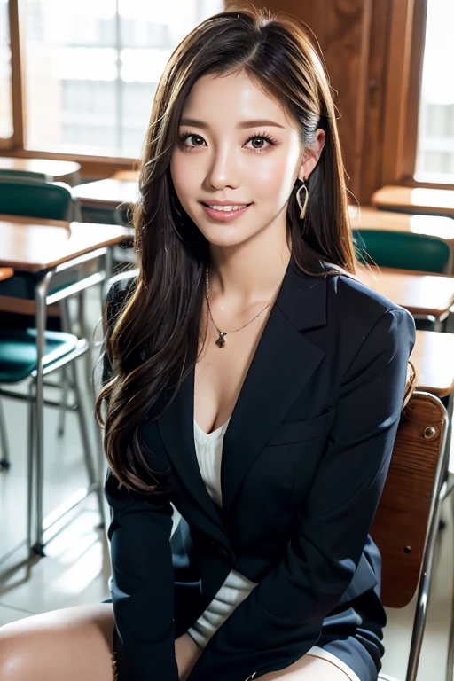 (masutepiece:1.3), High resolution, ultra-detailliert, the Extremely Detailed CG Unity 8K Wallpapers, Realistic, photo-Realistic, Raw photo, beautifull detailed face, pale skin, Realistic glistening skin, Detailed Cloth Texture, detailed hair texture, Perfect Style, Beautiful face, 准确, Anatomically correct, Highly detailed face and skin texture, Detailed eyes, Brown eyes, Double eyelids, Thin eyebrows, (Dropped eyes:0.65), (Glitter Eyeliner:1.2), Natural cheeks, Glossy skin, (Fair skin:1.2), shiny necklace and earrings, (Glossy lips: 1.4),
BREAK
(Classy and cute girl:1.3), (high-ponytail Hairstyle, Wavy Hair, dark brown hair), (Seductive smile:1.2) (Wear an elegant business suit:1.3), (Black stockings), medium large breasts,
BREAK
(In the classroom of the school:1.2), ((upperbody shot:1.2)), (Sitting on a school chair with legs crossed:1.4),