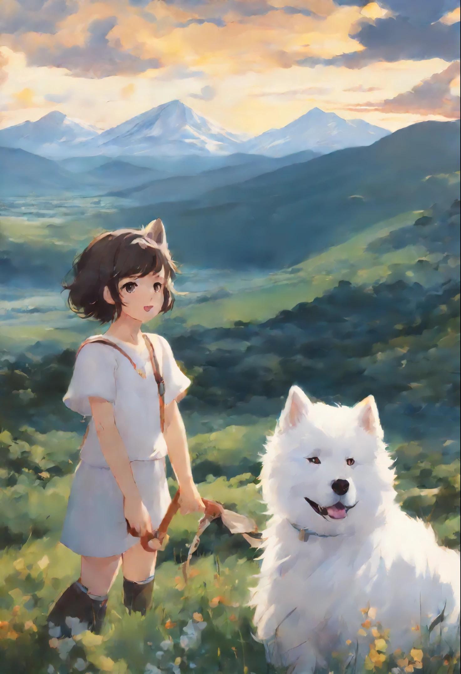 Close-up of a Samoyed dog with a girl looking at the mountains and clouds, Color (white fluffy) runs a race with the clouds, собака породы самоед runs a race with the clouds, fluffy clouds, casimir art, illustration of shigenori soejima, boris valejo. Smiling Samoyed, Detailed drawing of an anime character, подробный anime key figure, Granblue Fantasy, Beautiful black Russian terrier in demon slayer art, Taisho Roman, A clear portrait of an RPG, Masamune Shiro, anime key figure