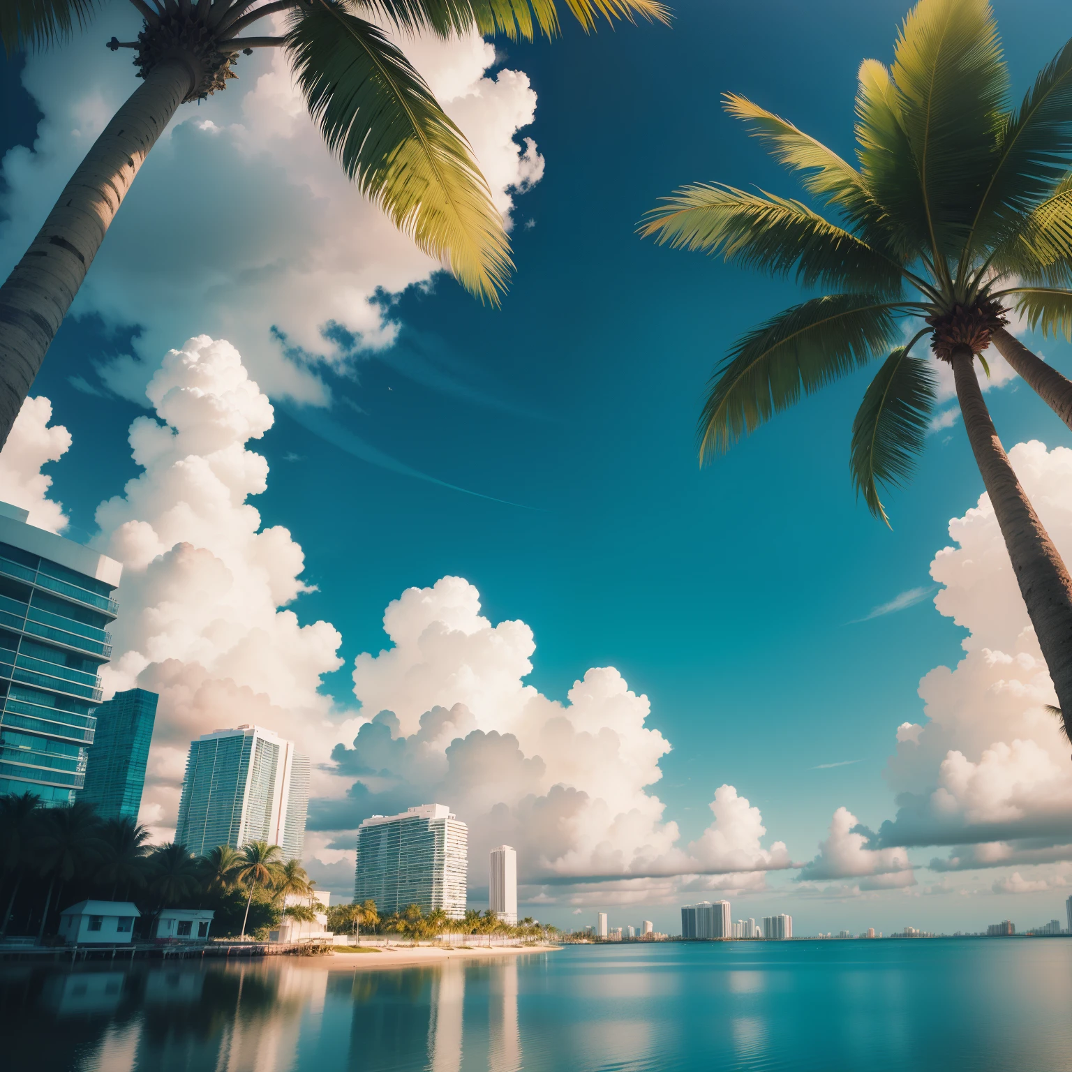 Round image to be used as a cover, miami, palm trees, fantasy, miami colors, neon,