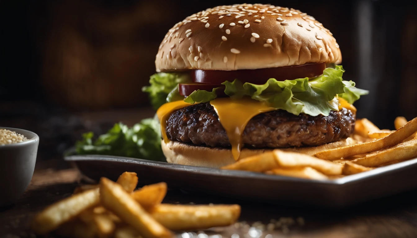 a top-down shot of a cheeseburger on a rustic wooden table, with sesame seeds sprinkled on the bun and a side of crispy golden fries, creating a classic American diner aesthetic