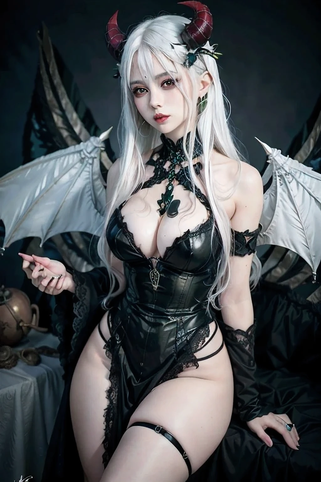 wearing Demon_Cosplay_traje, Demon_Asas, 1 mulher, young woman, bunda grande, seios pequenos, cabelos longos e longos, cabelos brancos, olhos verdes, boca fechada com leve sorriso, clivagem, Corar, maquiagem, alta qualidade, imagem extremamente bonita, 8k, 16k, master part