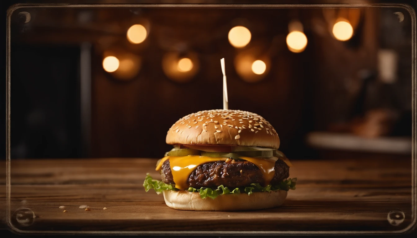 a top-down shot of a cheeseburger on a rustic wooden table, with sesame seeds sprinkled on the bun and a side of crispy golden fries, creating a classic American diner aesthetic