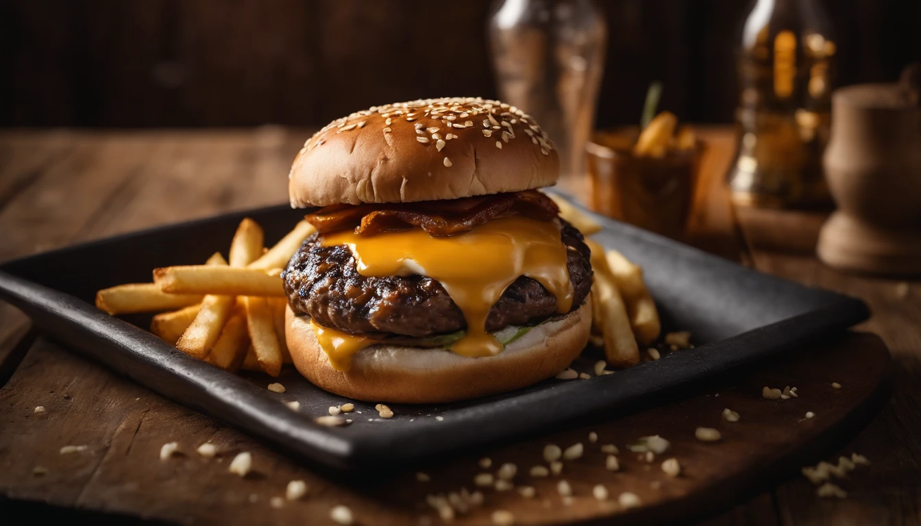 a top-down shot of a cheeseburger on a rustic wooden table, with sesame seeds sprinkled on the bun and a side of crispy golden fries, creating a classic American diner aesthetic