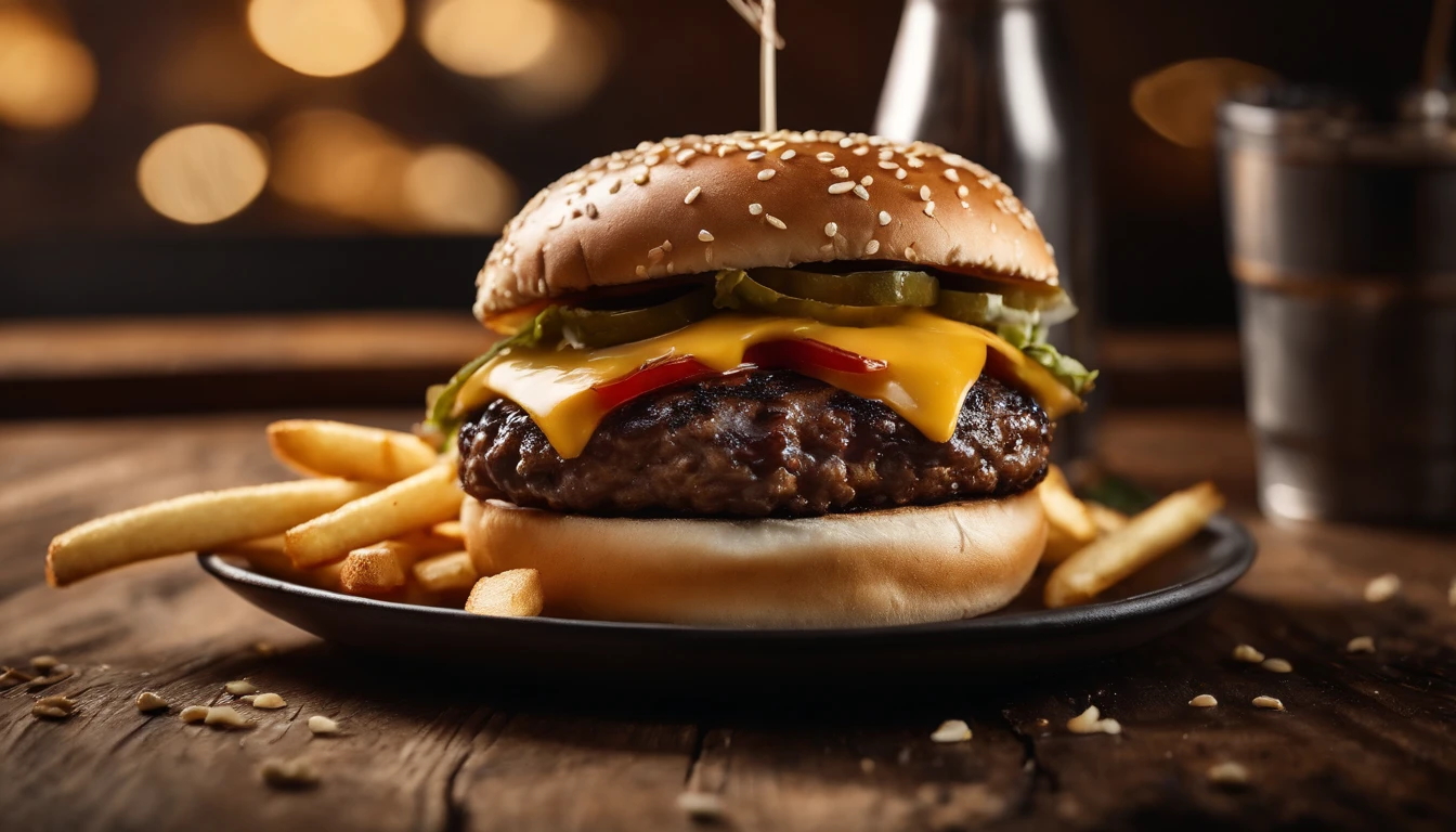 a top-down shot of a cheeseburger on a rustic wooden table, with sesame seeds sprinkled on the bun and a side of crispy golden fries, creating a classic American diner aesthetic