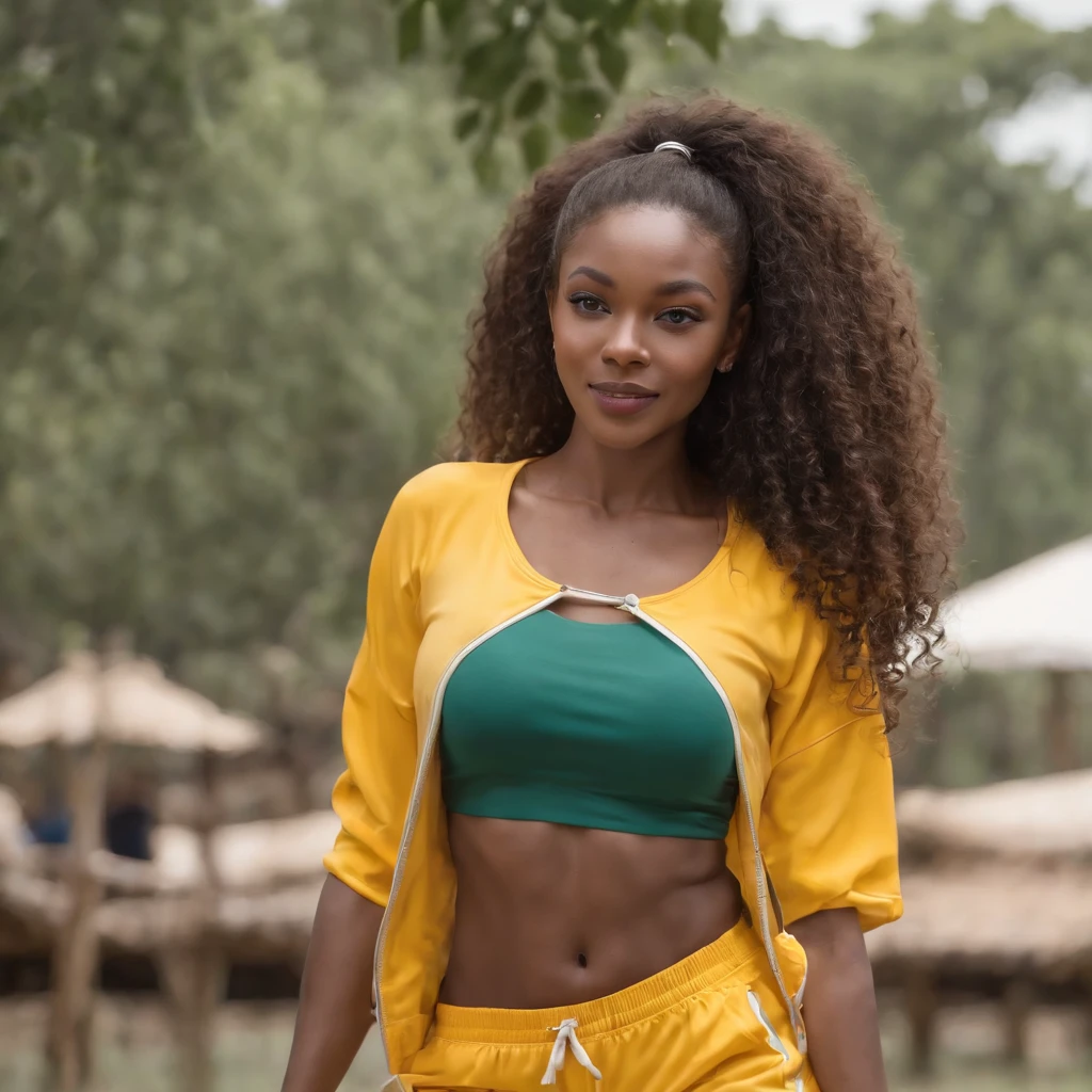 ((Dark African skin, Very deep ebony skin)), ((Its beauty  undeniable)), ((Excited cute face)), ((Hyper detailed perfect eyes,)), ((pose mignonne)), ((Langue sortie)), ((Seductive )), sexy, (( Tight yellow sport top, shorts sexy)), ((Afro ponytail with long African curly hair,)), (( peau)), ((debout, vue de face)), ((toucher ses propres jambes dans une pose sexy)), ((dehors, Ville publique)), Sharp Focus CGI, photoreallistic, High detail, Realstic, Masterpiece, absurdes, Best quality, Hdr, High quality, high-definition, Extremely detailed, 8k wallpaper, Intricate details, 8K UHD, Full-HD, (photo realist:1.2), contraste, intense illumination, lighting cinematic, natural lighting, veilleuse, Nuit, Illumination globale, Ambient occlusion at jungle safari, a la piscine African women、Female sexy、a smile、safari hat, traveling, Serengeti, wild life, jungle