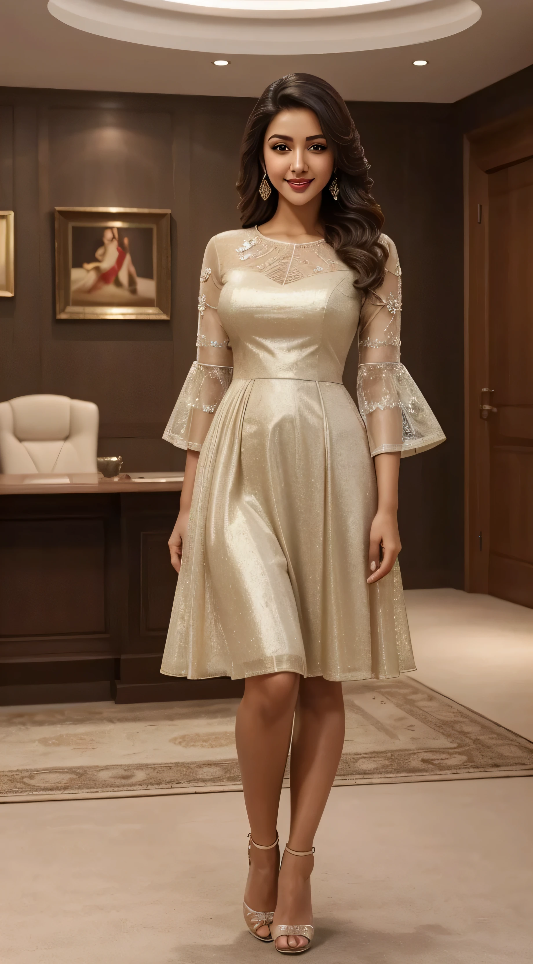 (full body shot:1.5), (Masterpiece:1.1), (Indian babe:1.5), inspired by Anu Emmanuel, she is in standing position, 1girl, solo girl, 23 year old girl, ultra realistic face, hyperrealistic, hyperdetailed, (looking at viewers), sharpen, detailed face, detailed eyes, detailed lips, red lips, beautiful face, 16k, FHD, raw photo, cute face mesh, pretty face mesh, girl in luxury office, beautiful hair style, ((elegant flared frocks with sleeves, symmetrical frocks, embroidery flared frock, flared dress, princess looking, princess outfit, see-through)), intricate, extremely detailed, scattering surface, ultra realistic texture, , realistic face, glow lip, glow face, very_high_resolution, perfect figure, beautiful curved body, fit body, (elegant high heel), club hair ornament, perfect 36-26-36 figure, charming smile