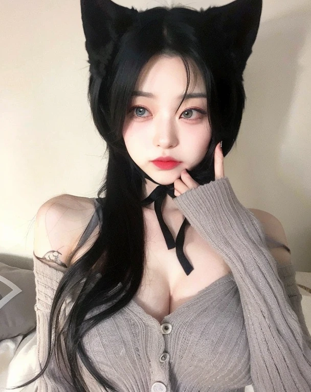 araffe with black hair and a cat ears is posing for a picture, cruel korean goth girl, ulzzang, very beautiful cute catgirl, attractive cat girl, korean girl, girl with cat ears, anime girl in real life, black hair black cat ears, anime girl , anime girl with cat ears, sakimichan, beautiful south korean woman, eye contact with camera