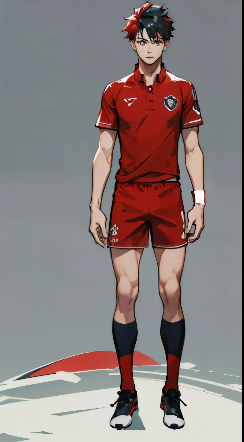 ((Red Soccer Uniform))、((male people))、((slim body))、((Full body portrait))、((Shorts up to the knee))